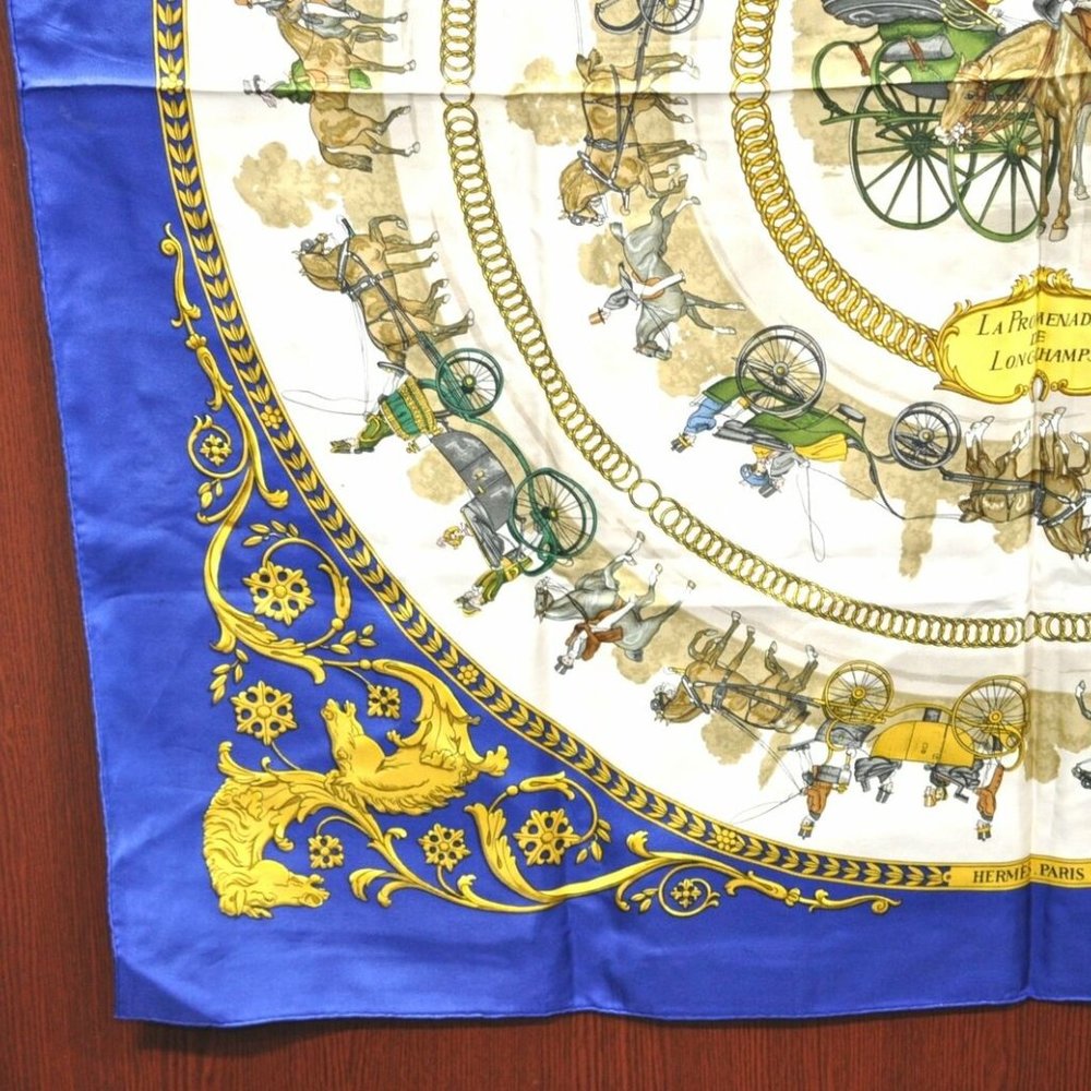 Authentic HERMES Carre 90 Scarf "LA PROMENADE DE LONGCHAMPS" Silk Blue - Picture 5 of 12